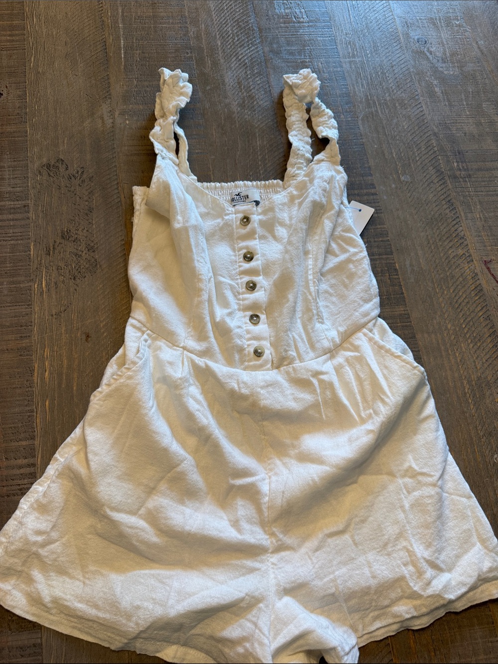 Hollister White Button-Front Ruffle Strap Romper Shorts